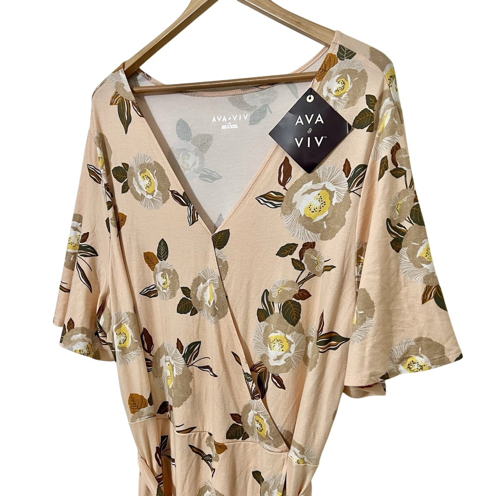AVA & VIV Plus Size Floral Print Wrap Dress Belted Pink Peach NWT